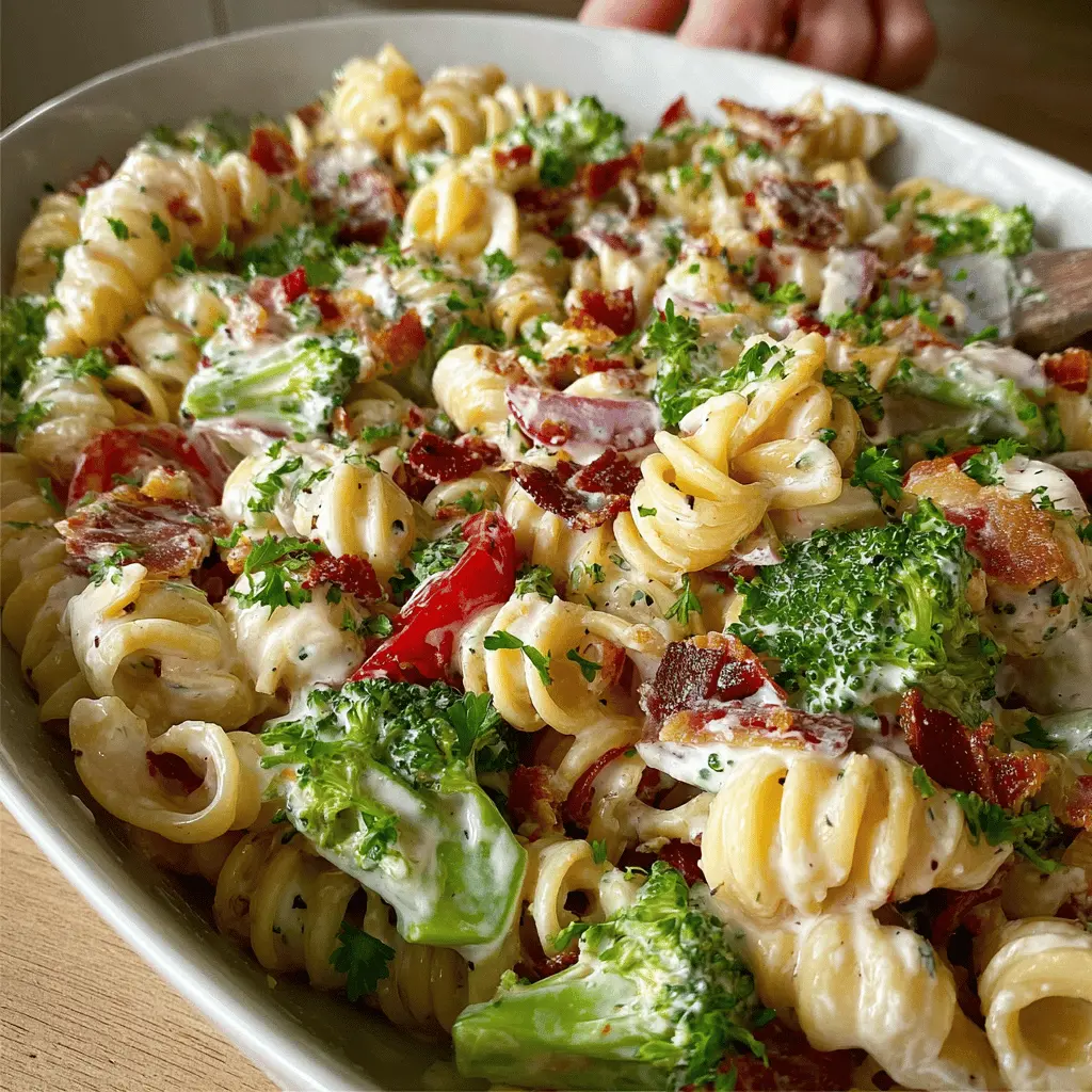 Tasty Broccoli Pasta Salad Recipe with Turkey Bacon and Chicken Ham