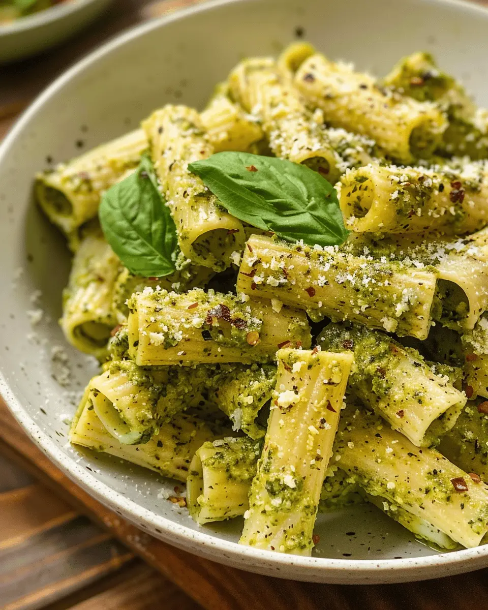 Creamy Pesto Rigatoni: A Spicy Twist with Chili Garlic and Turkey Bacon