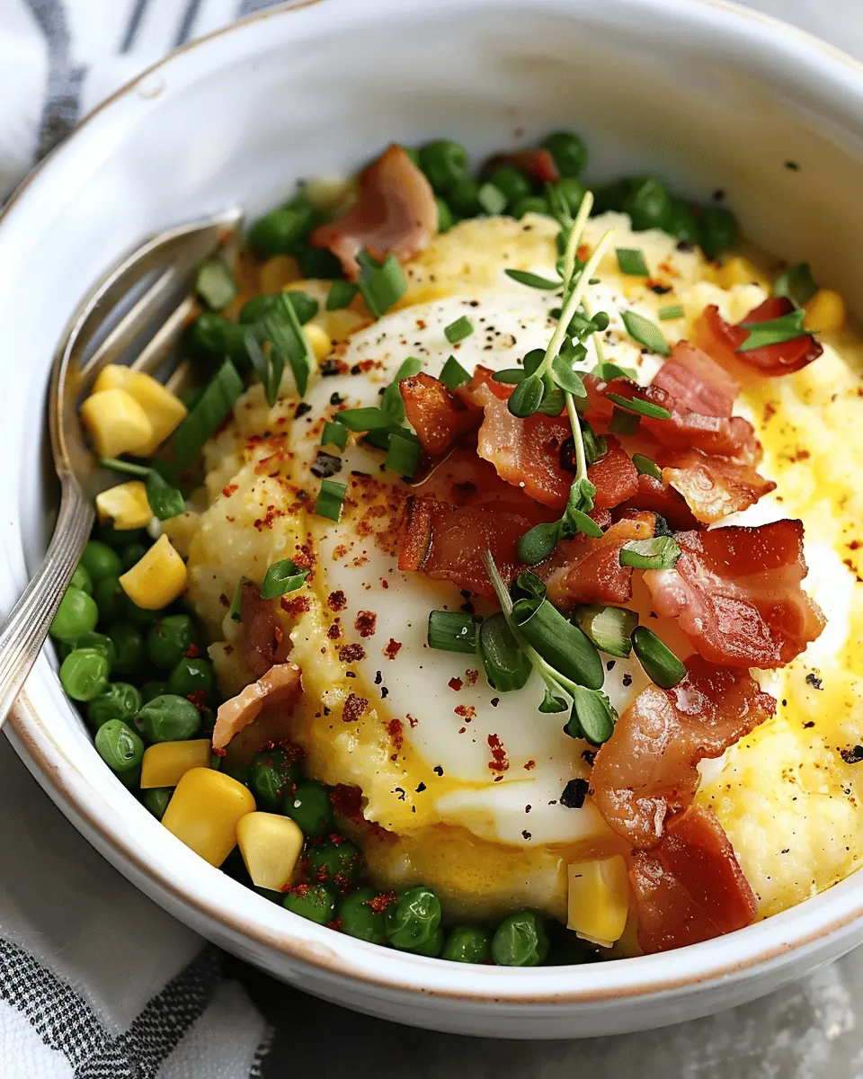 Cheesy grits bowl: A cozy indulgence with turkey bacon and chicken ham