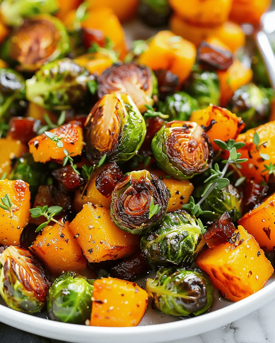 Maple Roasted Brussels Sprouts and Butternut Squash Delight with Turkey Bacon