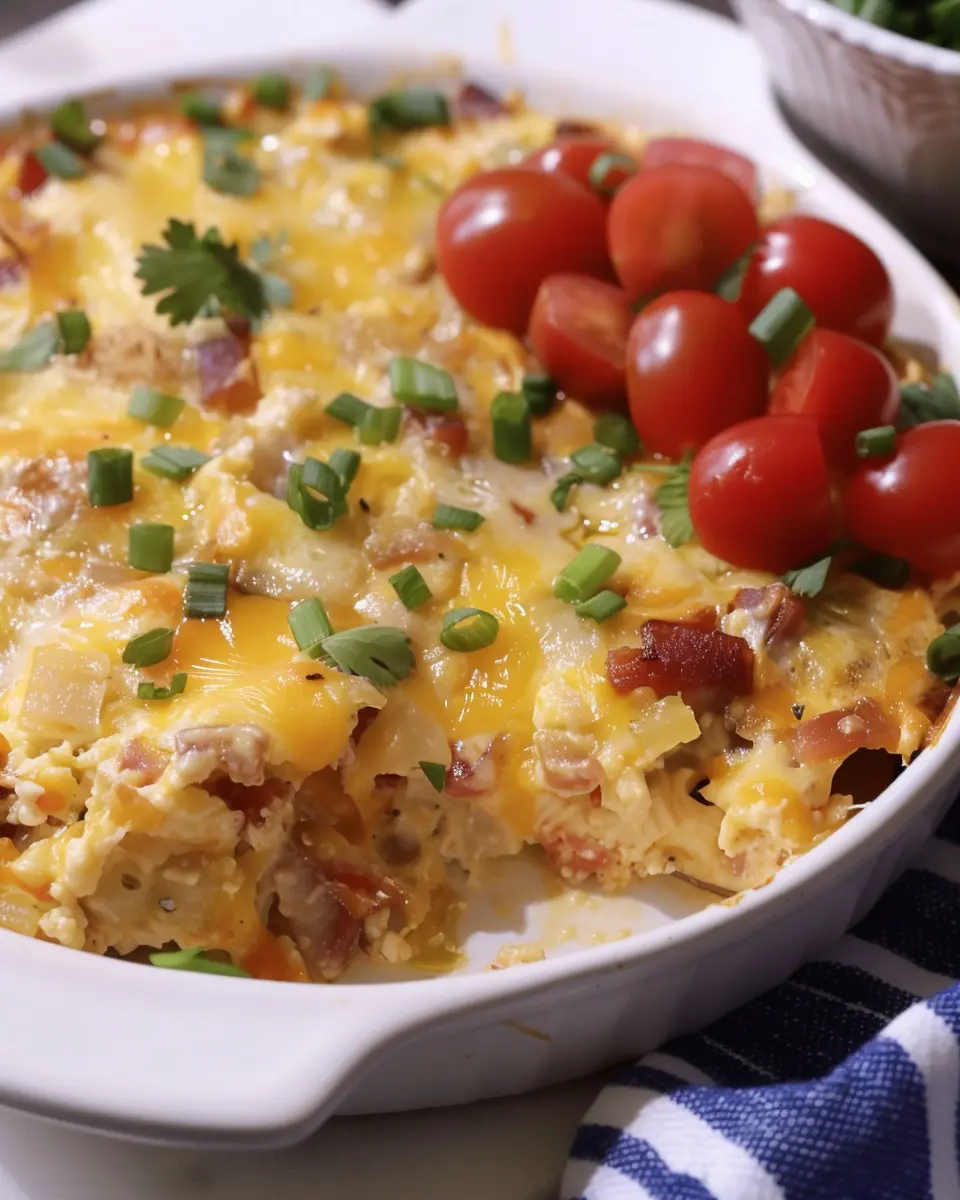 Crockpot Overnight Breakfast Casserole with Turkey Bacon and Chicken Ham