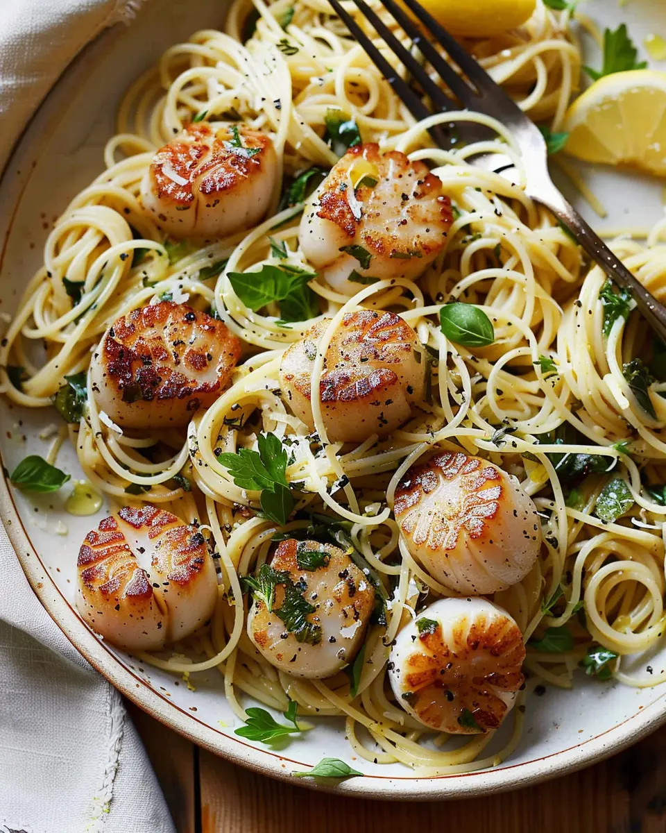 Quick Easy Lemon Garlic Scallop Pasta with Turkey Bacon Delight