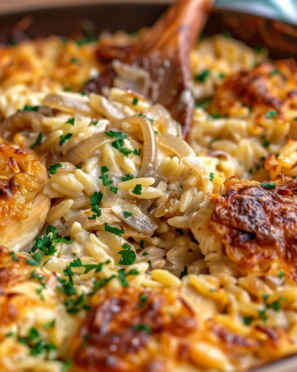 French Onion Chicken Orzo Casserole with Turkey Bacon Delight