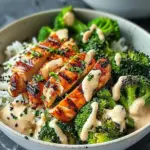 Grilled Chicken & Broccoli Bowls with Creamy Garlic Sauce