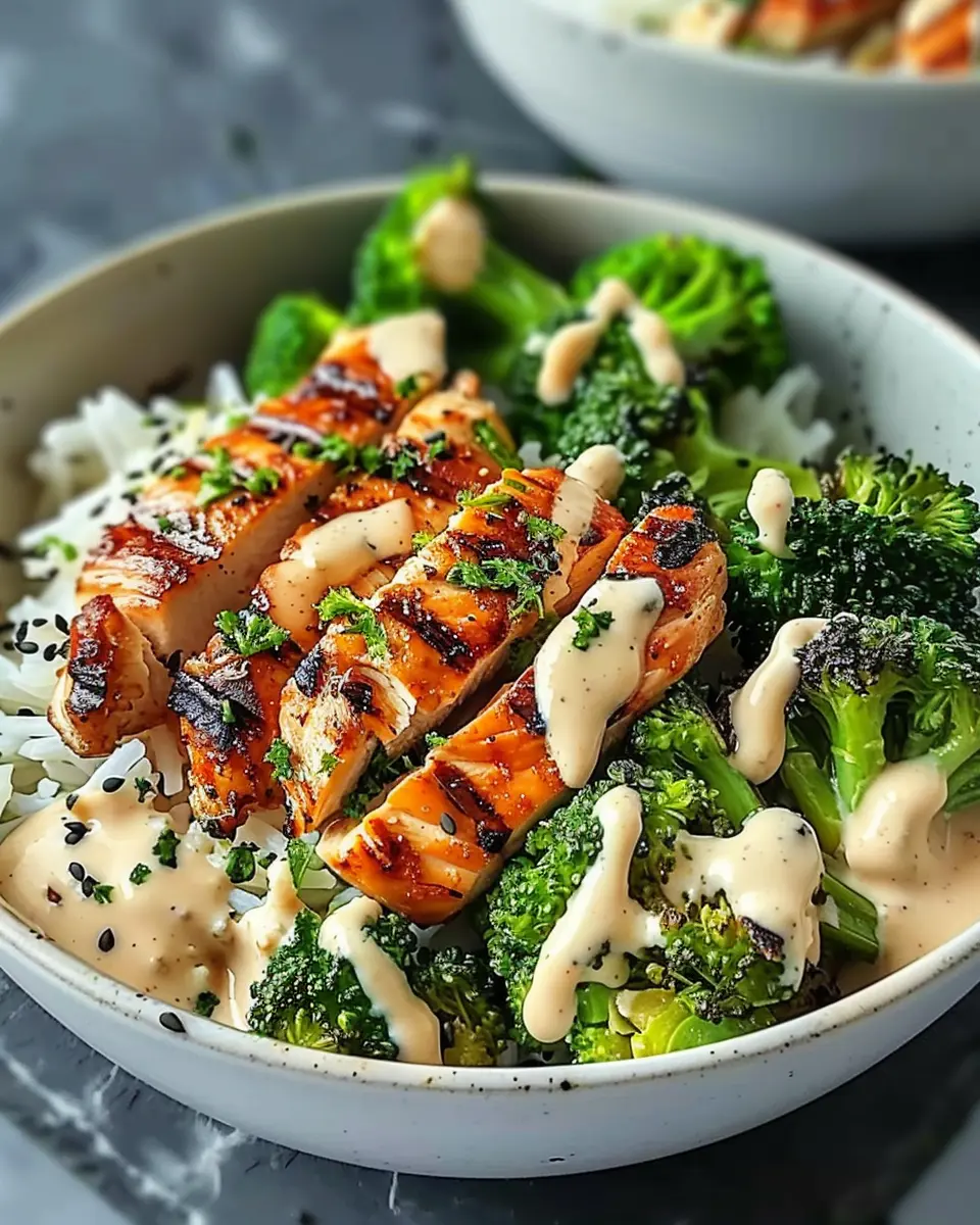 Grilled Chicken Bowls: Delicious Recipe with Broccoli &amp; Creamy Garlic Sauce