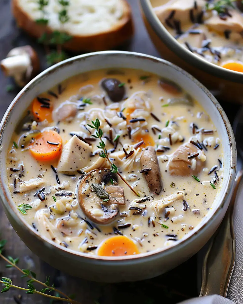Creamy Mushroom Chicken Soup with Wild Rice and Turkey Bacon Delight
