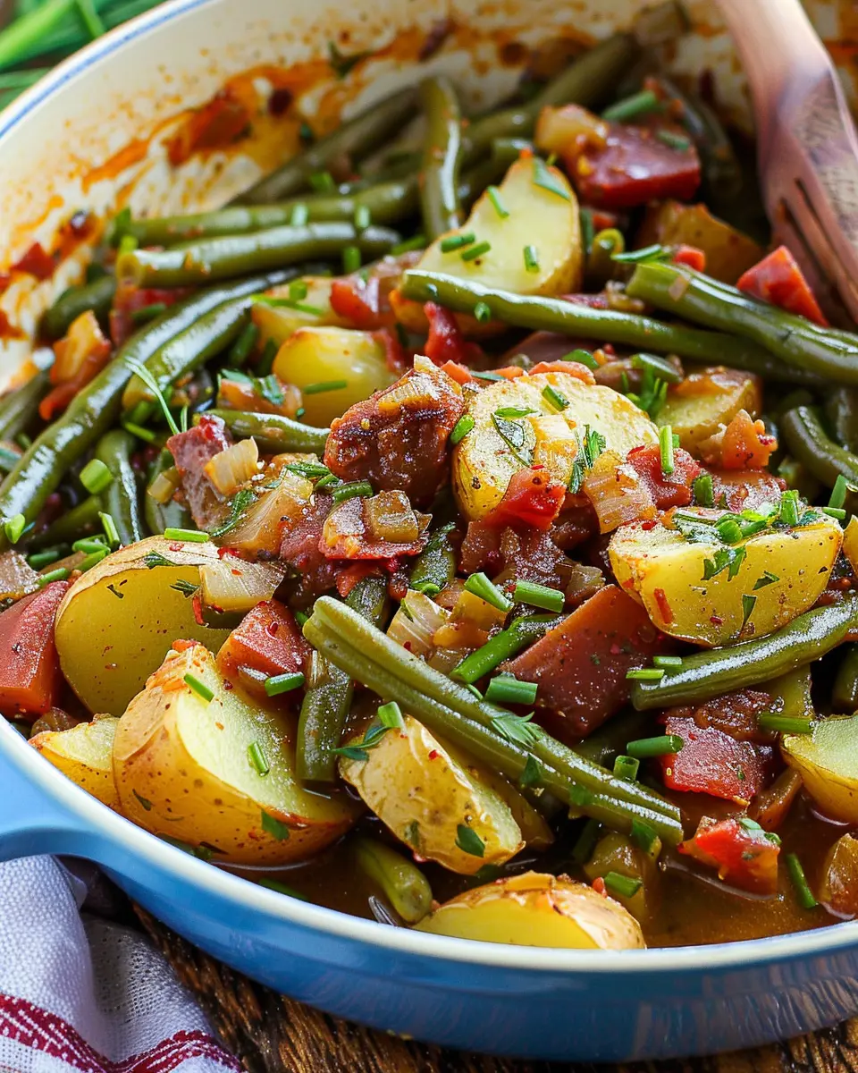 Smothered Green Beans and Potatoes Cajun Style with Turkey Bacon