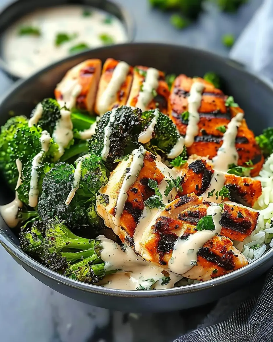 Grilled Chicken Broccoli Bowls: Easy Recipe with Creamy Garlic Sauce